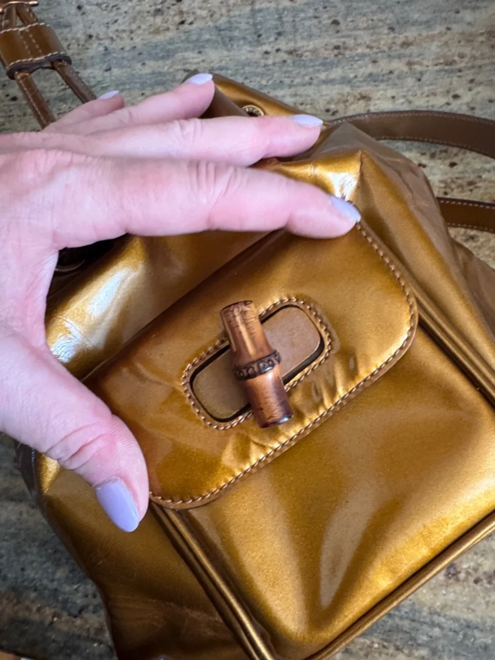 Gucci mini Patent Leather Drawstring Backpack ,, Bamboo Handle VTG Bronze - Picture 10 of 17